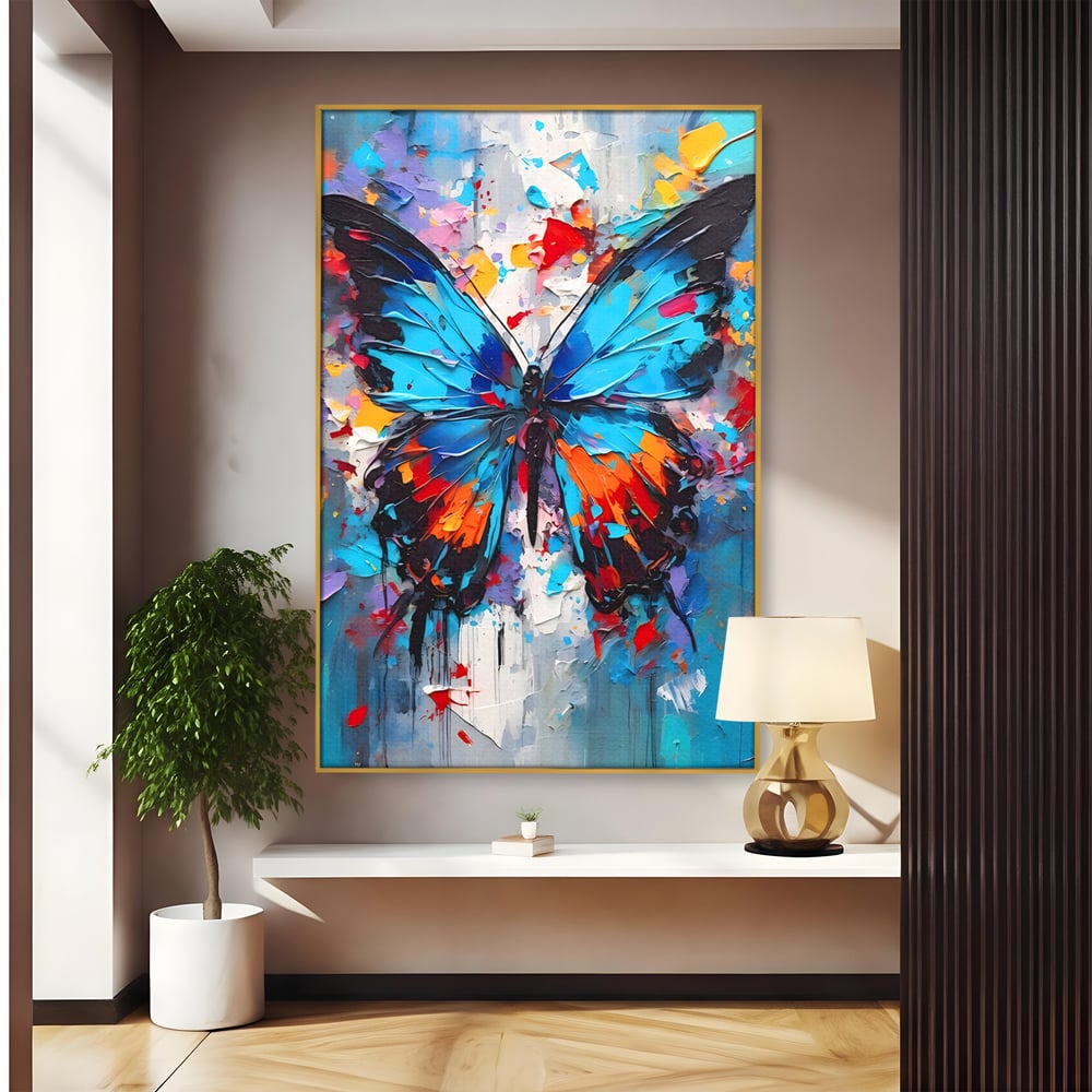 Tablou canvas cu pictura cu fluture albastru, in rama de aluminiu auriu